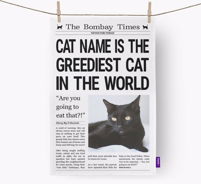 The {breedShortName} Times 'Greediest Cat In The World' Personalised Dish Towel